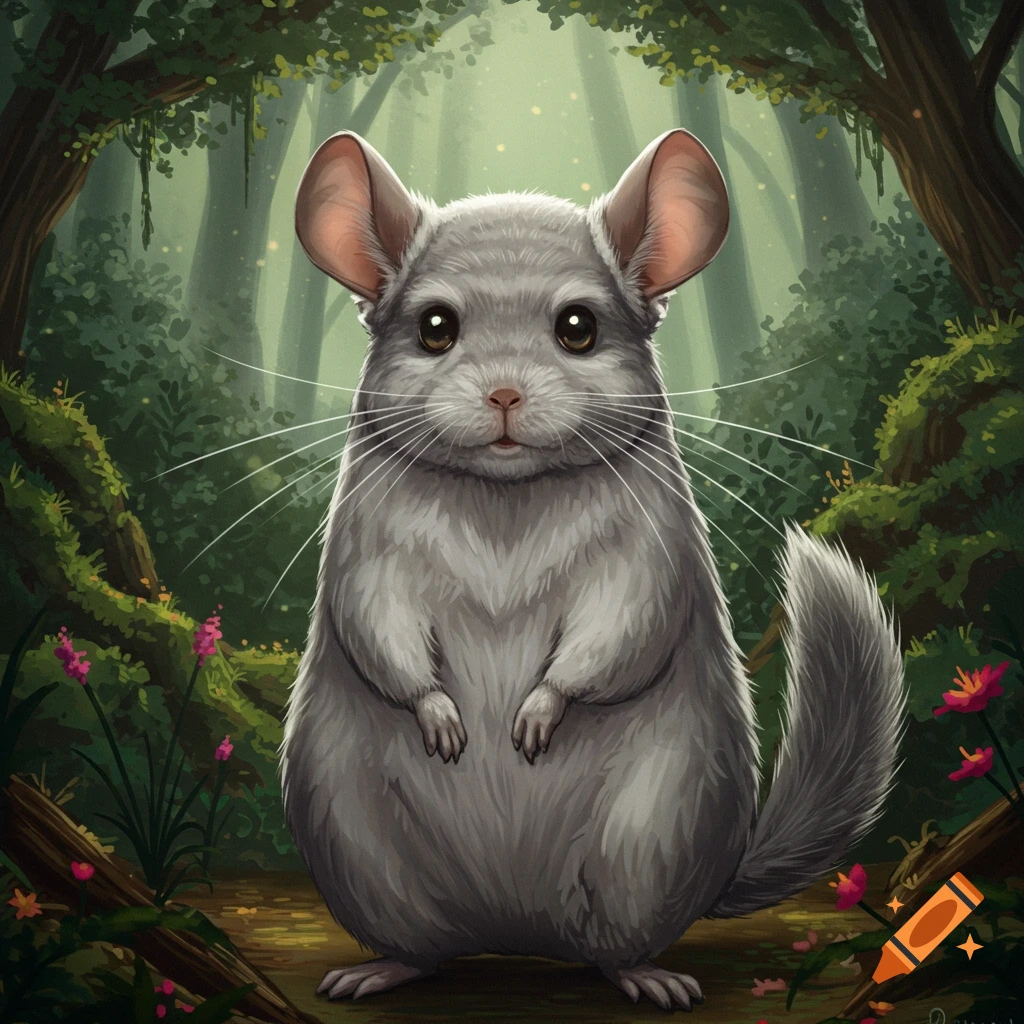 A cute, fluffy grey chinchilla with big ears stands in a vibrant, stylized forest with green foliage and pink flowers.