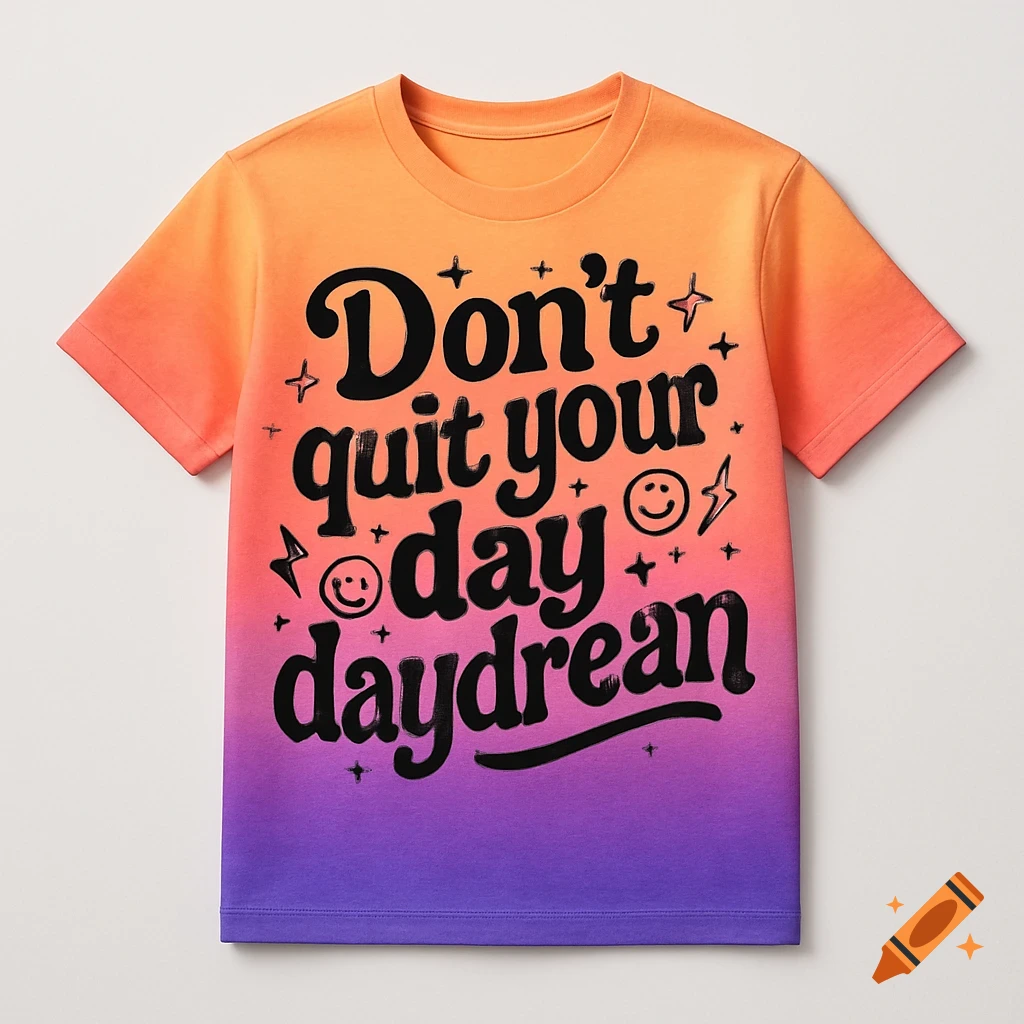 An orange to purple gradient T-shirt with the black text 'Don't quit your day daydream' and decorative sparkles and smiley faces.