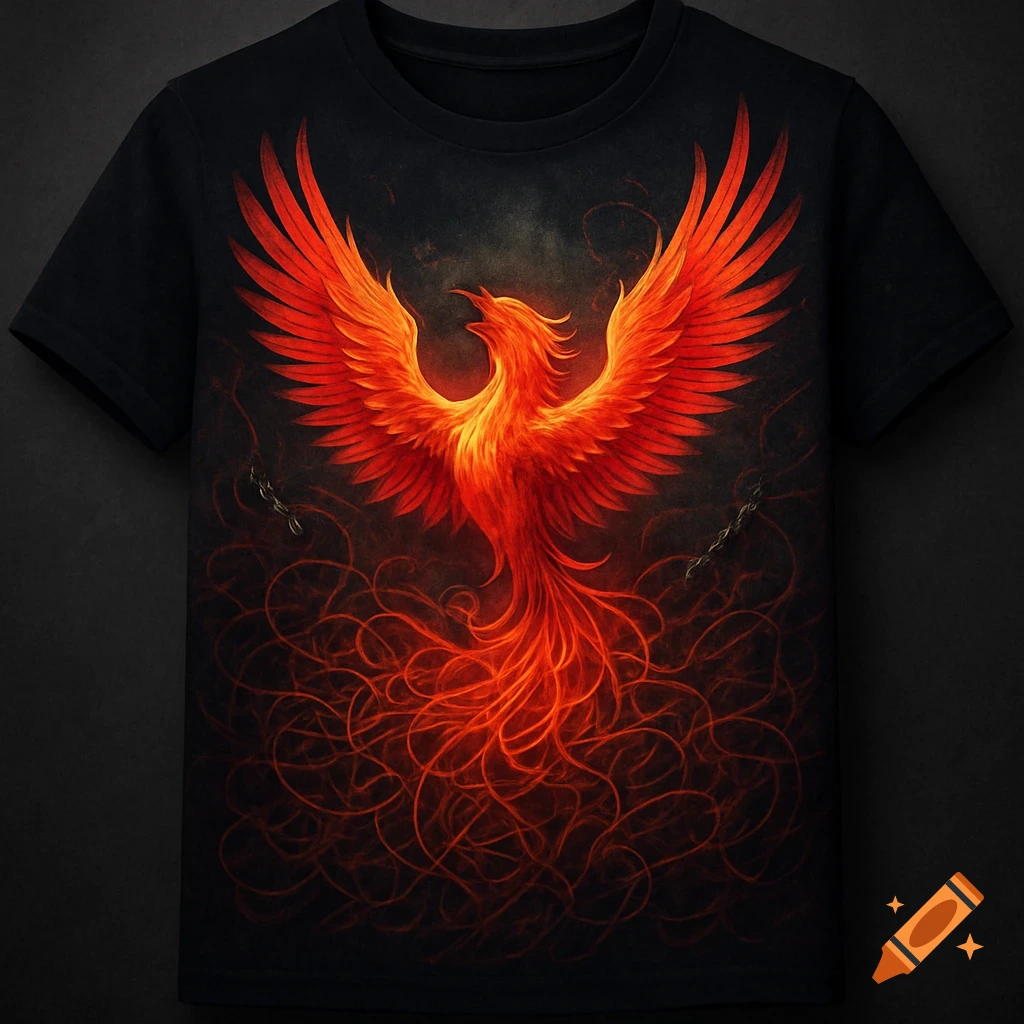 A vibrant red and orange phoenix with spread wings, rising from fiery tendrils, on a black t-shirt.
