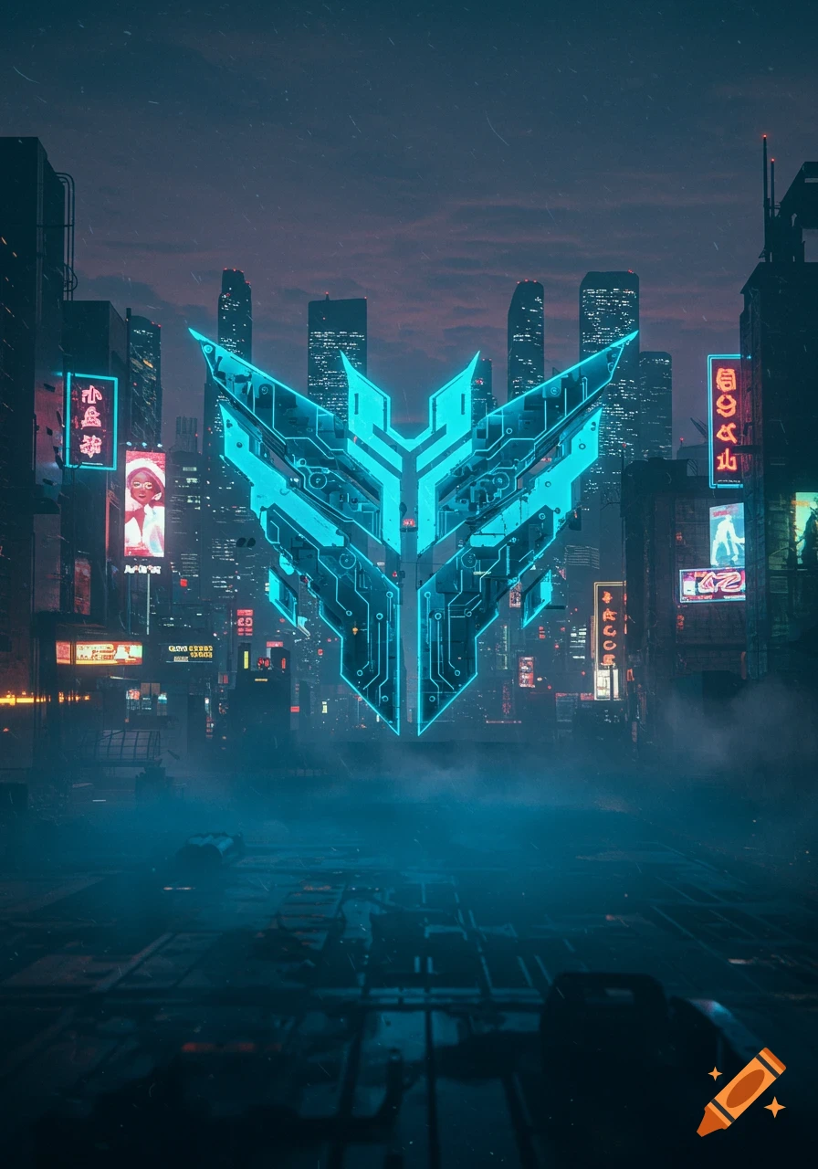 A large, glowing blue-turquoise futuristic symbol with circuit board details hovers above a wet street in a dark, neon-lit cyberpunk city with skyscrapers.