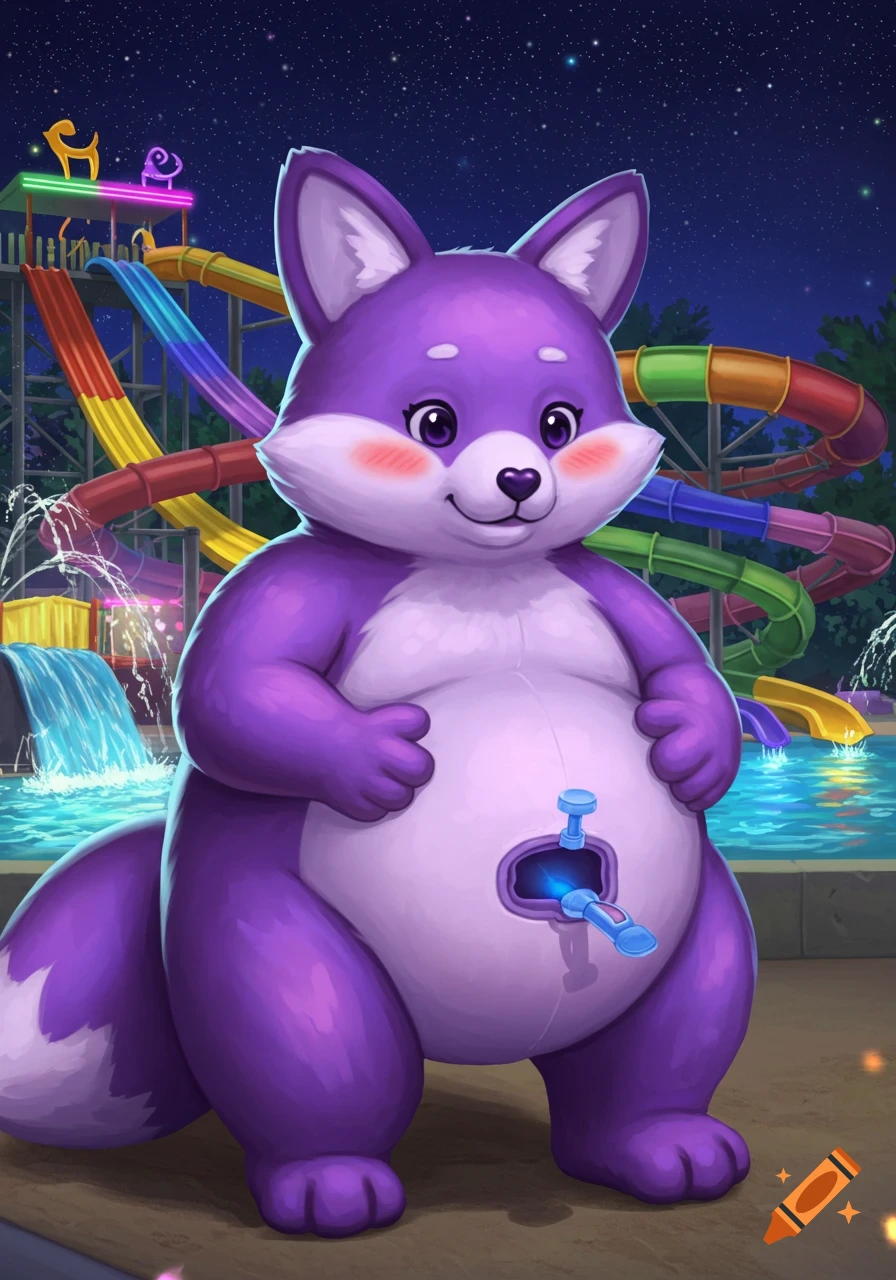 A cute purple inflatable fox with a valve in its belly button stands at a water park with colorful slides at night.