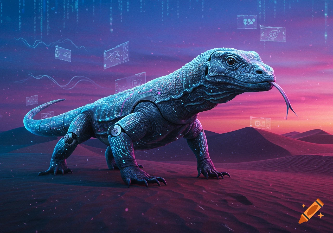 A cybernetic monitor lizard stands in a neon-lit desert with holographic screens and binary code falling from the sky.