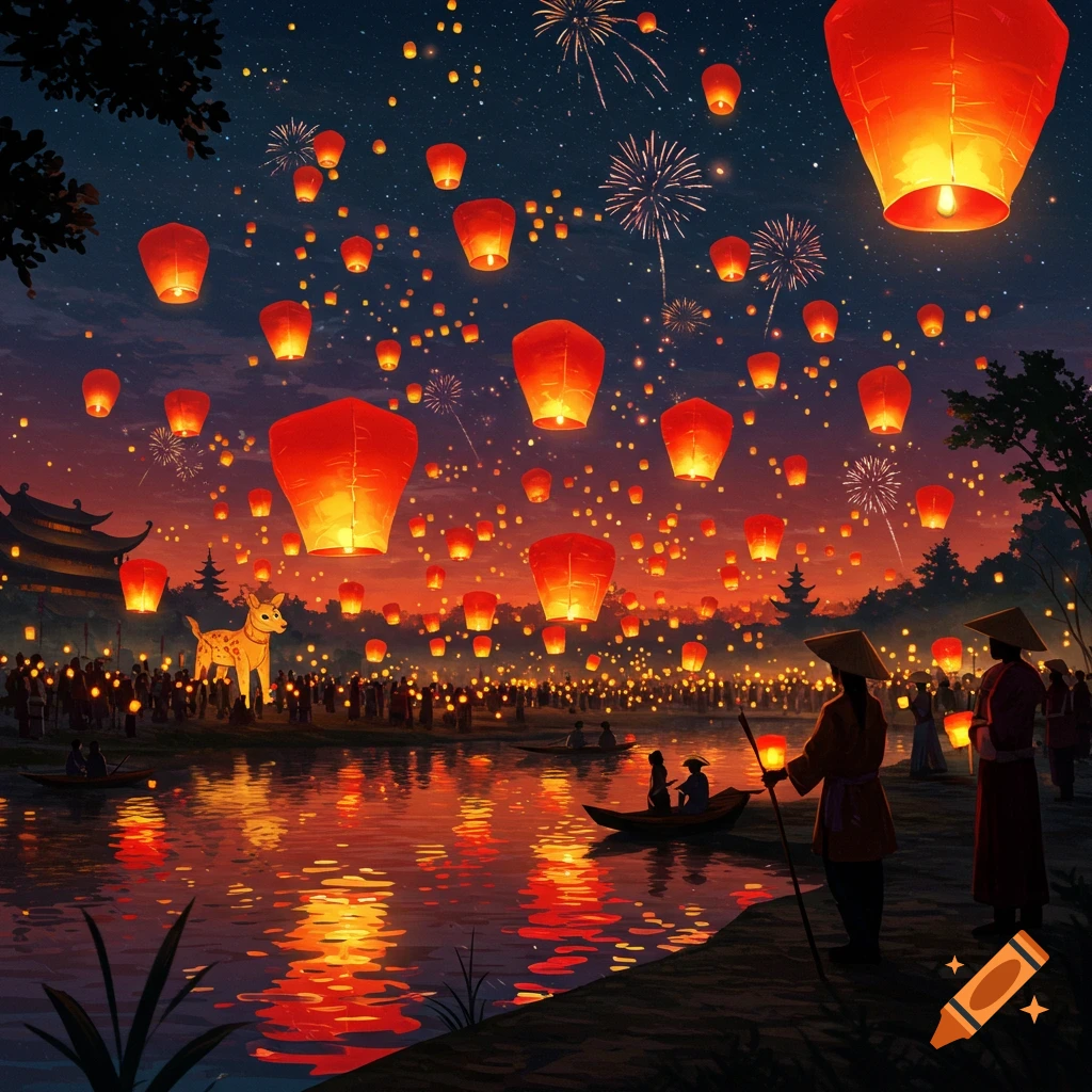 Vibrant night scene with numerous red lanterns floating in the sky and reflecting on a river, fireworks, and people.