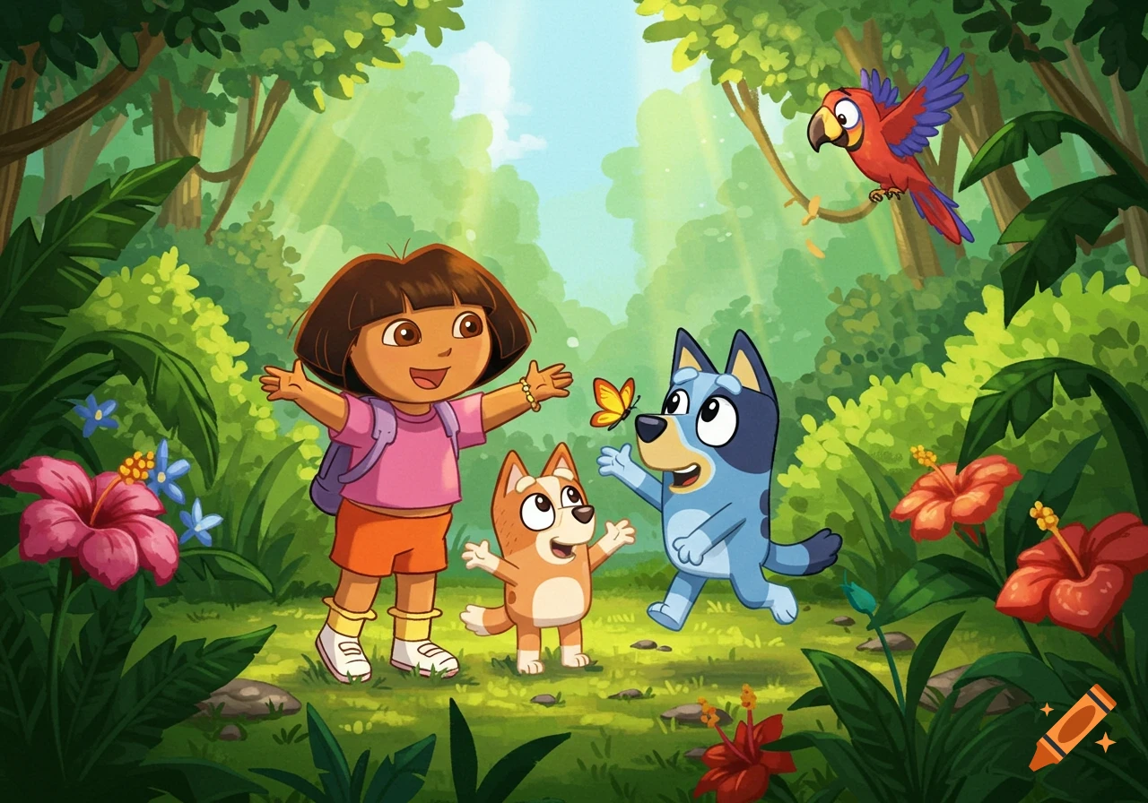 Dora, Bluey, and Bingo characters explore a sunny jungle with a parrot, butterfly, and vibrant flowers.