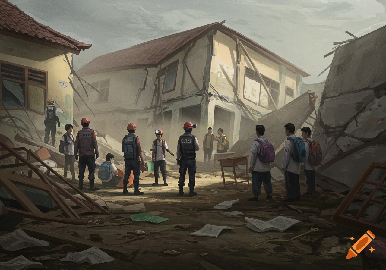 An illustration of a collapsed Indonesian school building with search and rescue personnel and students surveying the debris.