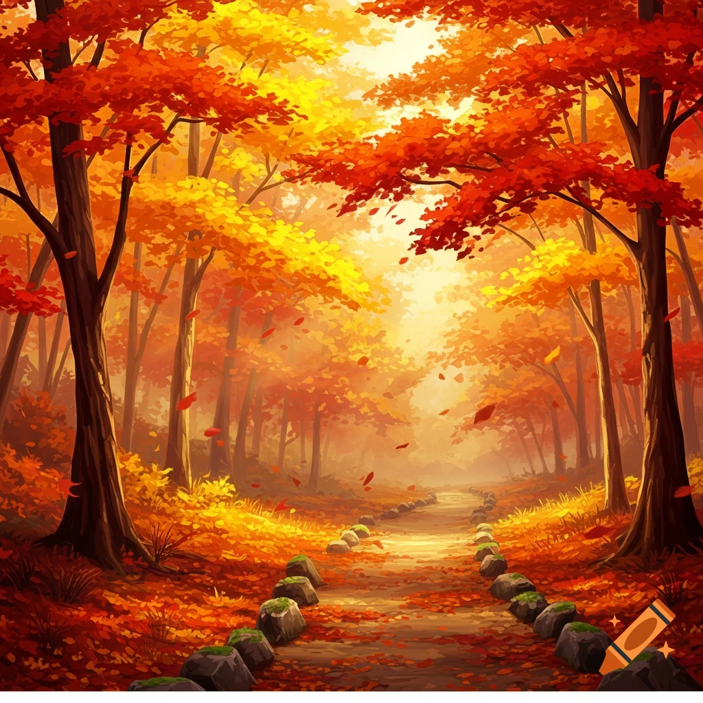 A vibrant autumn forest path lined with mossy stones, bathed in warm sunlight, with trees adorned in red, orange, and yellow leaves.