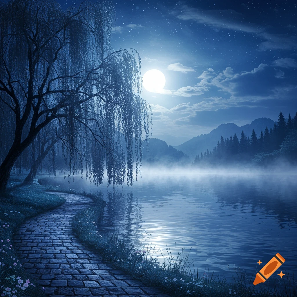 Moonlit night landscape with a weeping willow, cobblestone path, misty lake, and distant mountains under a starry sky.