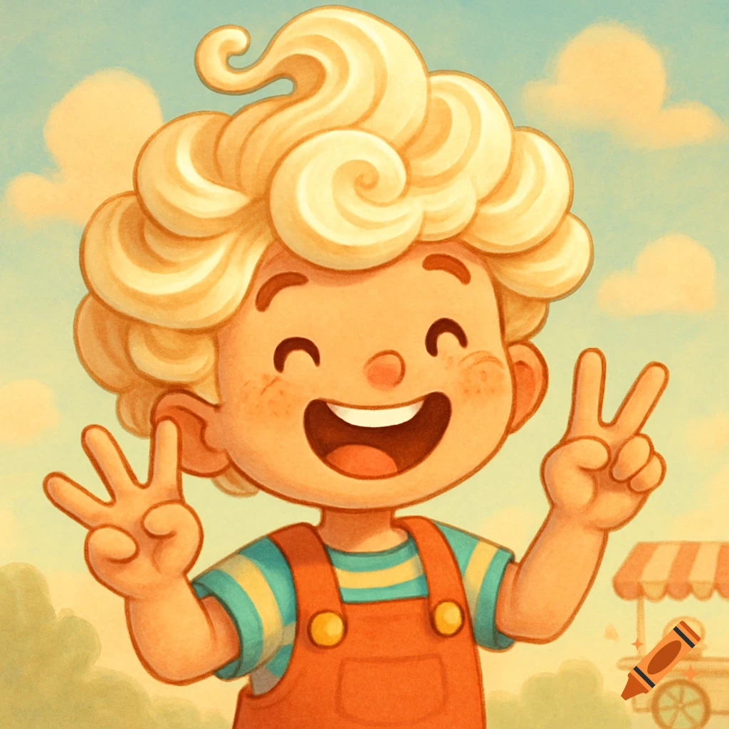 A happy cartoon boy with blonde, swirly ice cream hair and freckles, wearing orange overalls and a striped shirt, holding up two fingers on one hand and three on the other. He stands against a light blue sky with clouds and a faint background stall.