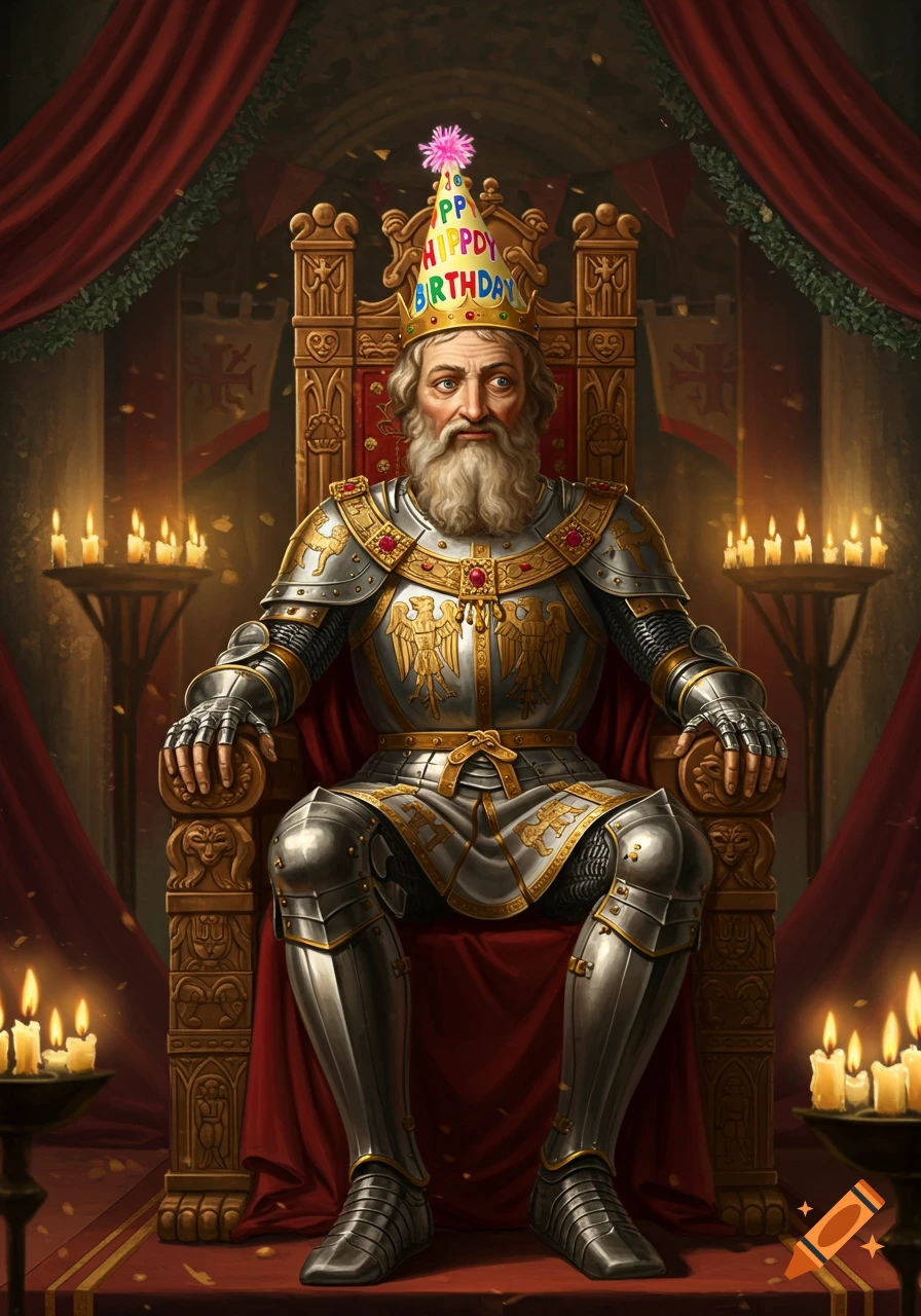 A regal, bearded king in shining medieval armor sits on a golden throne, wearing a colorful birthday party hat.