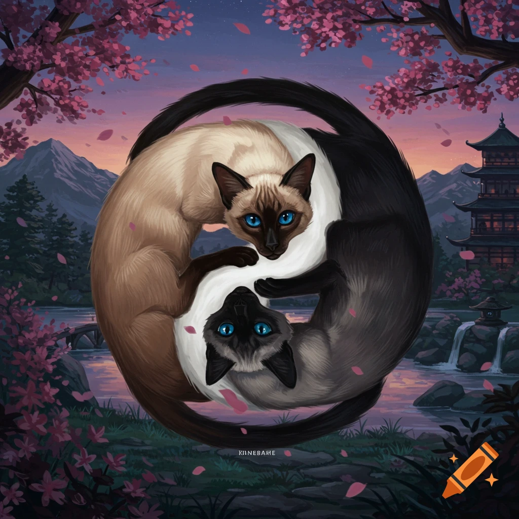 Two Siamese cats, one light and one dark, form a yin-yang symbol against a scenic Japanese landscape with cherry blossoms, mountains, and a pagoda at sunset.