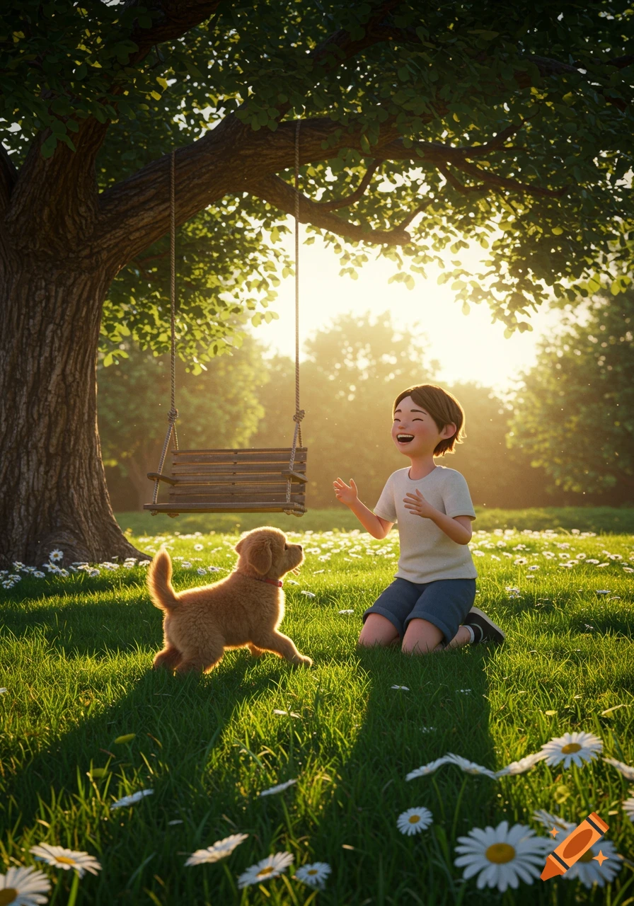 A joyful 3D animated illustration of a child laughing while playing with a puppy in a sunny, grassy field under a tree with a swing.