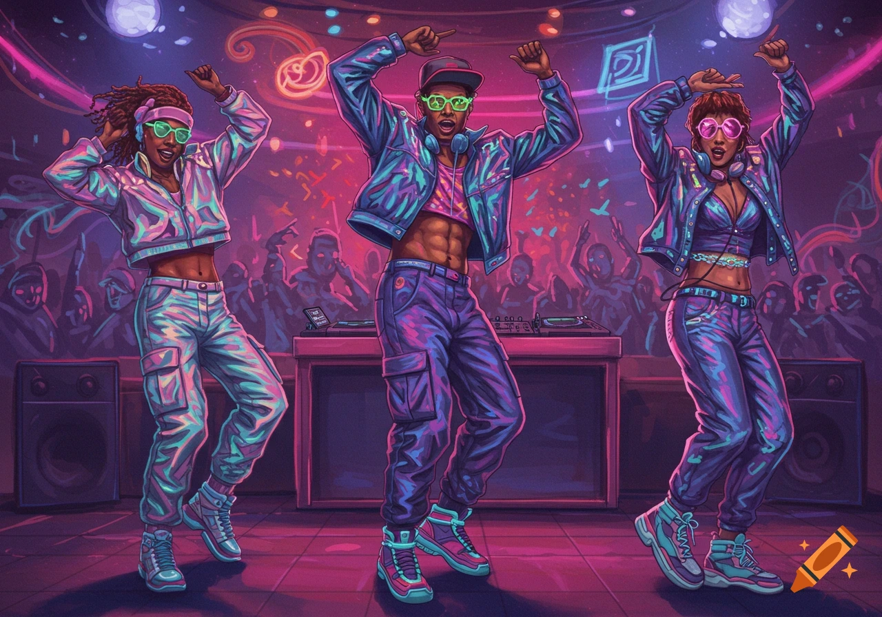 Three people in vibrant Y2K style neon and metallic clothing dance energetically in a retro-futuristic club with a DJ booth and glowing lights.