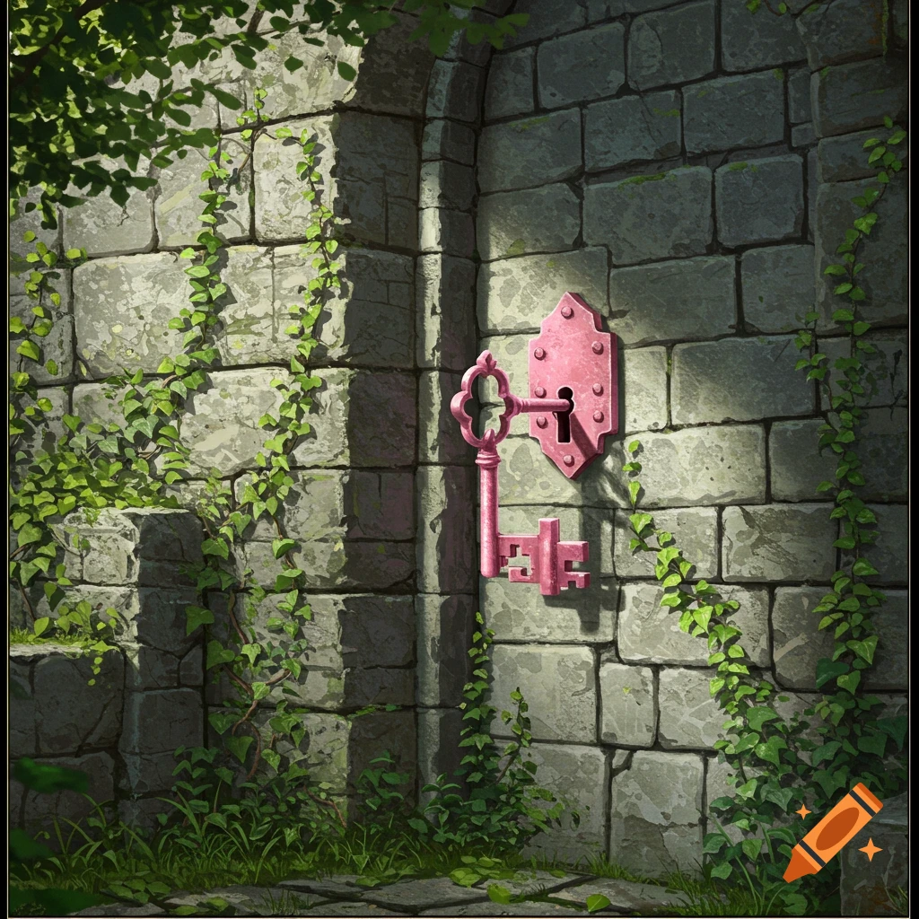 A vibrant pink skeleton key is partially inserted into a matching keyhole on an old ivy-covered stone wall, illuminated by sunlight.