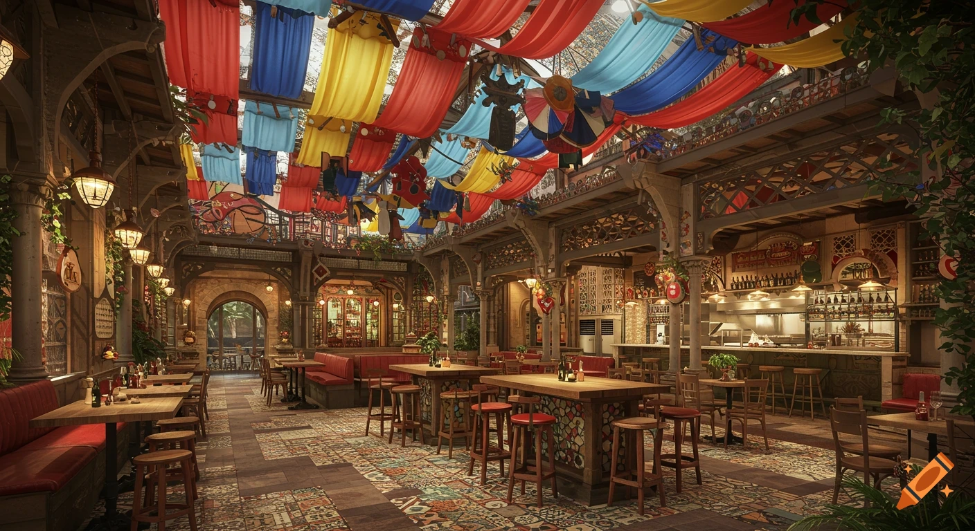 An ultrarealistic image of a vibrant, culturally rich restaurant interior with colorful fabric drapes hanging from the ceiling.
