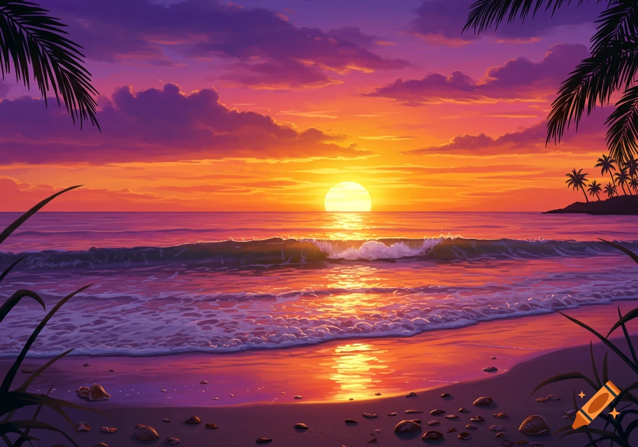 Vibrant sunset over a tropical beach with crashing waves, a golden sun, and palm trees against a purple and orange sky.
