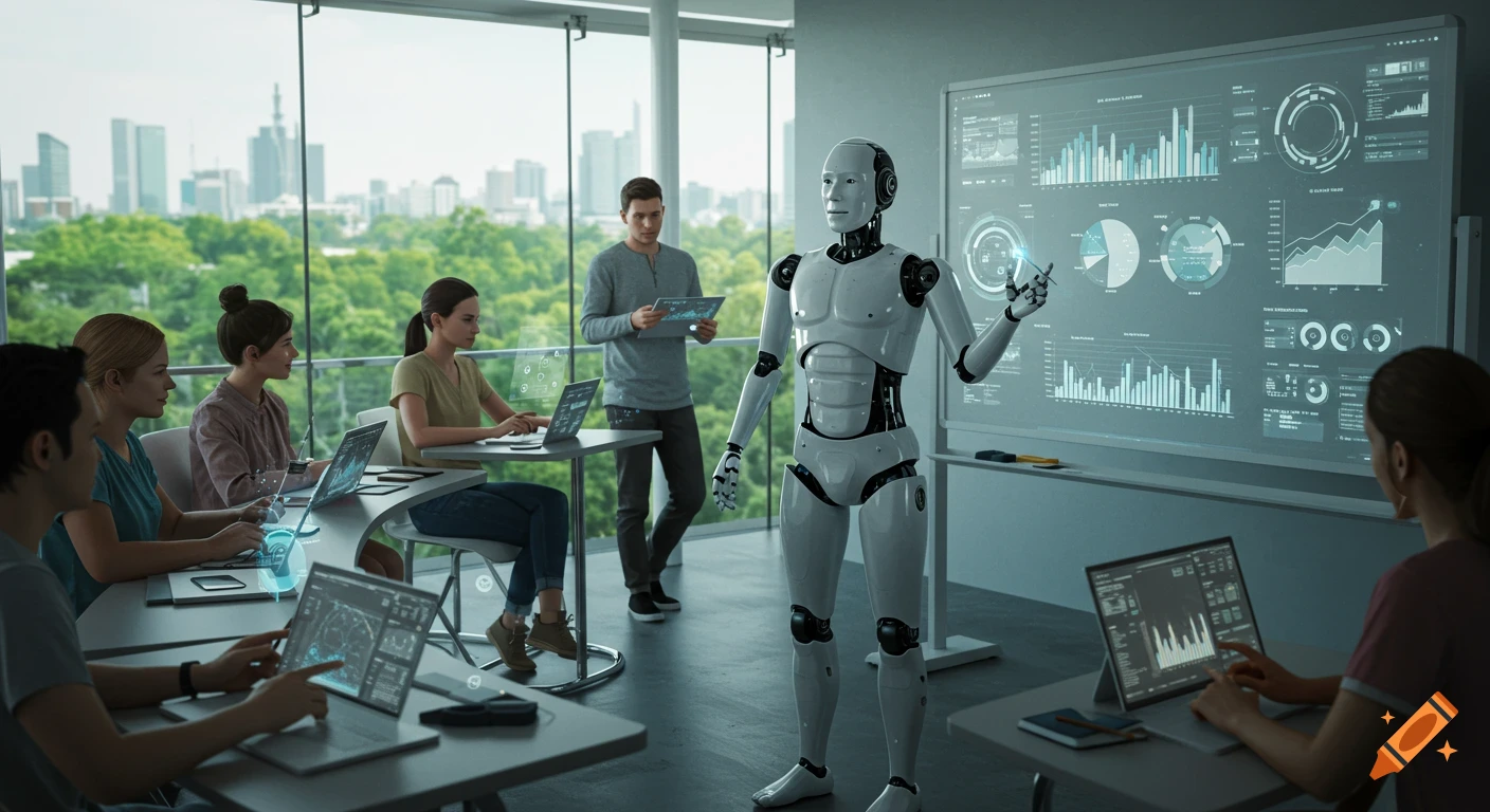A humanoid robot professor teaches a class in a modern office with large windows overlooking a city skyline. Students work on laptops while the robot points to a digital whiteboard displaying data and graphs.