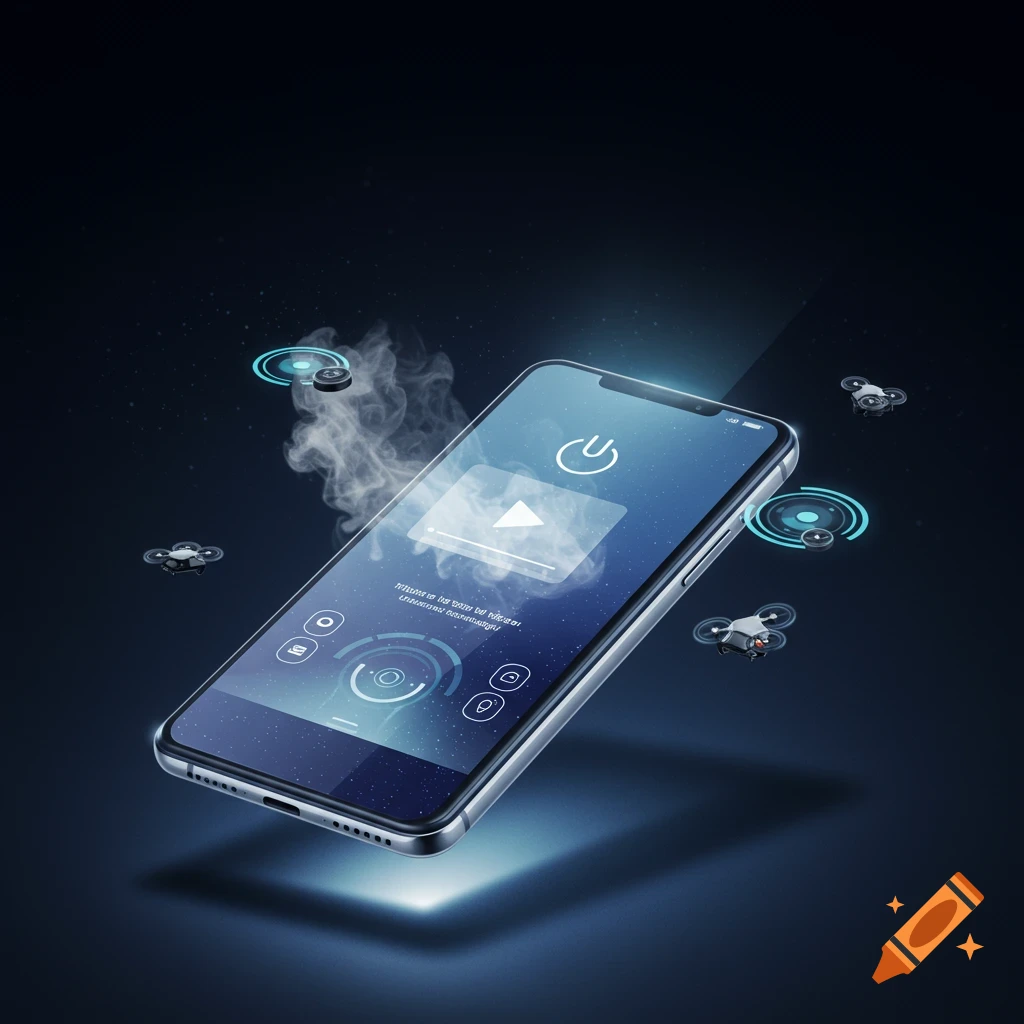 A futuristic smartphone with a glowing screen, surrounded by small flying drones on a dark, starry background.