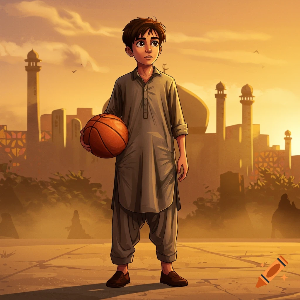 Cartoon of a Pakistani boy in traditional attire holding a basketball, with mosques at sunset in the background.
