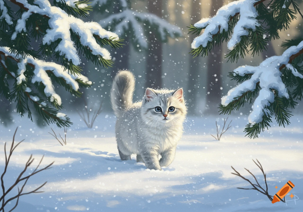 A fluffy white kitten with blue eyes walks through a snowy forest while snowflakes fall. Digital illustration.