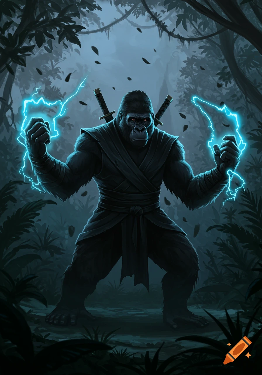 A muscular gorilla ninja, with two katanas on its back, wields blue lightning in a dark jungle. Fantasy illustration.