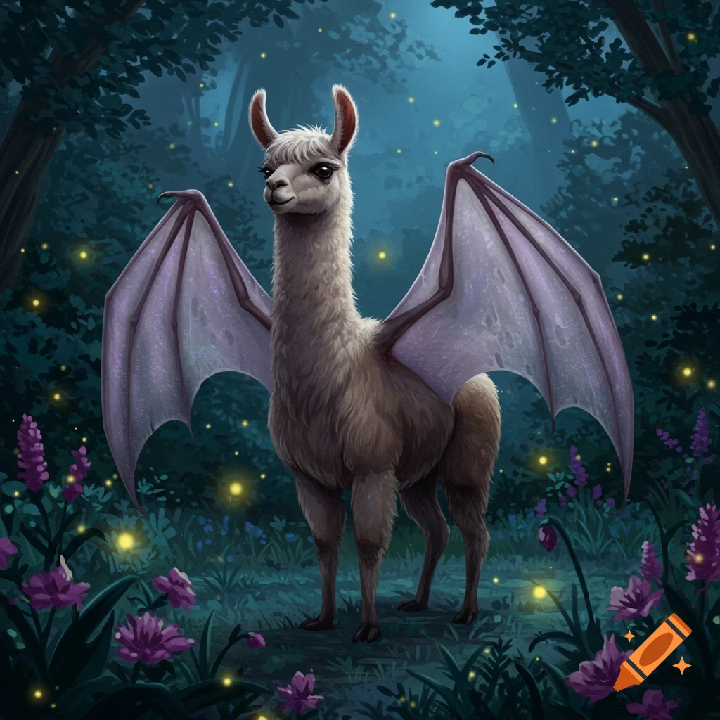 A whimsical bat-llama hybrid with large wings stands in a dark, glowing forest surrounded by purple flowers.
