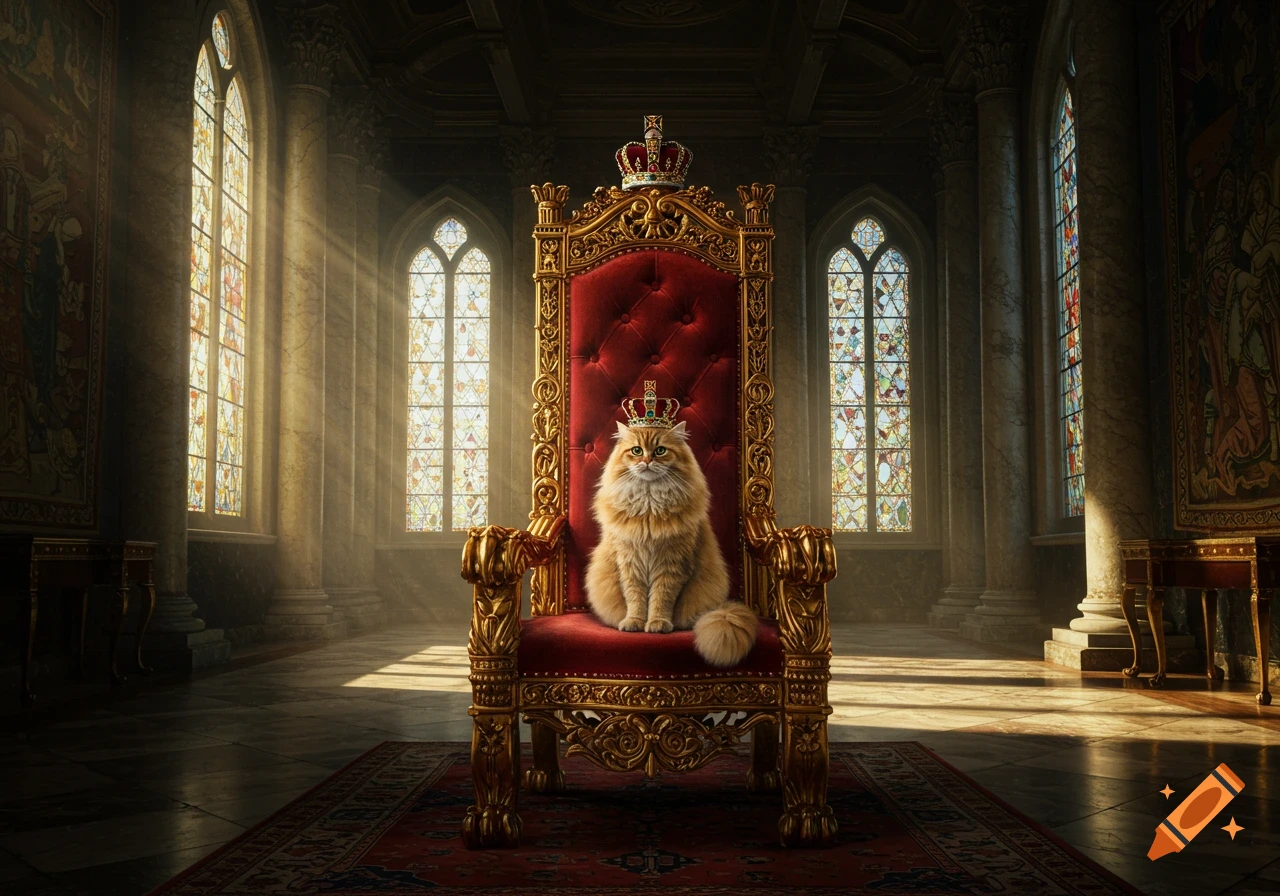A photorealistic fluffy orange cat wearing a gold crown sits on a red velvet throne in a grand castle hall with dramatic lighting.