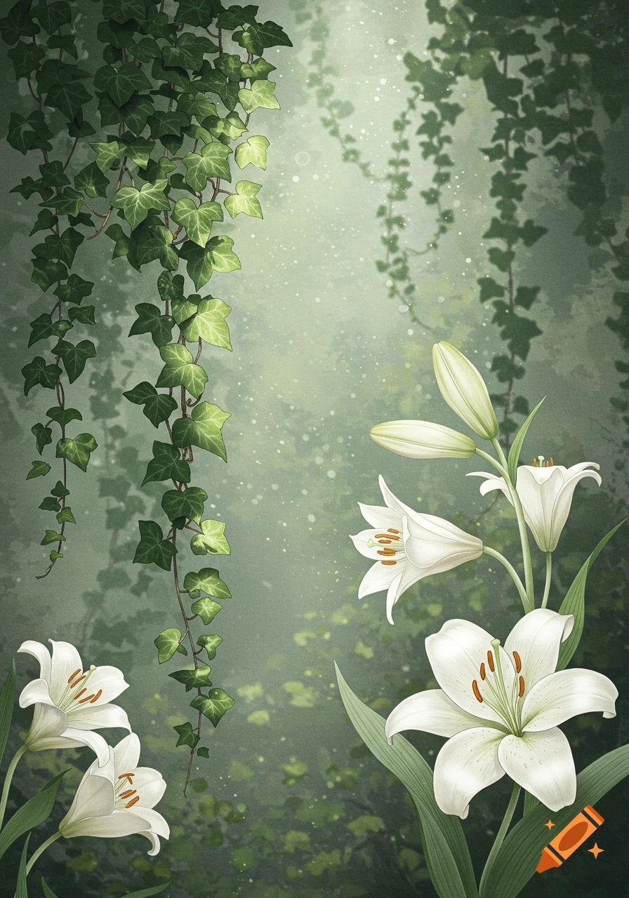 White lilies and green ivy vines in a misty, light green forest illustration.