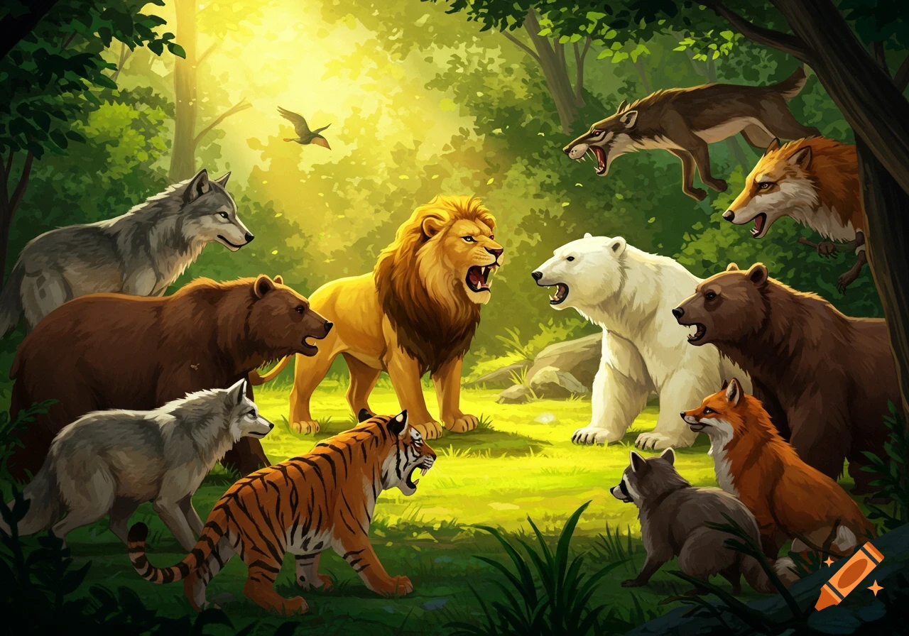 A stylized illustration of various wild animals, including a roaring lion, bears, wolves, a tiger, polar bear, fox, and raccoon, gathered in a sunny forest.