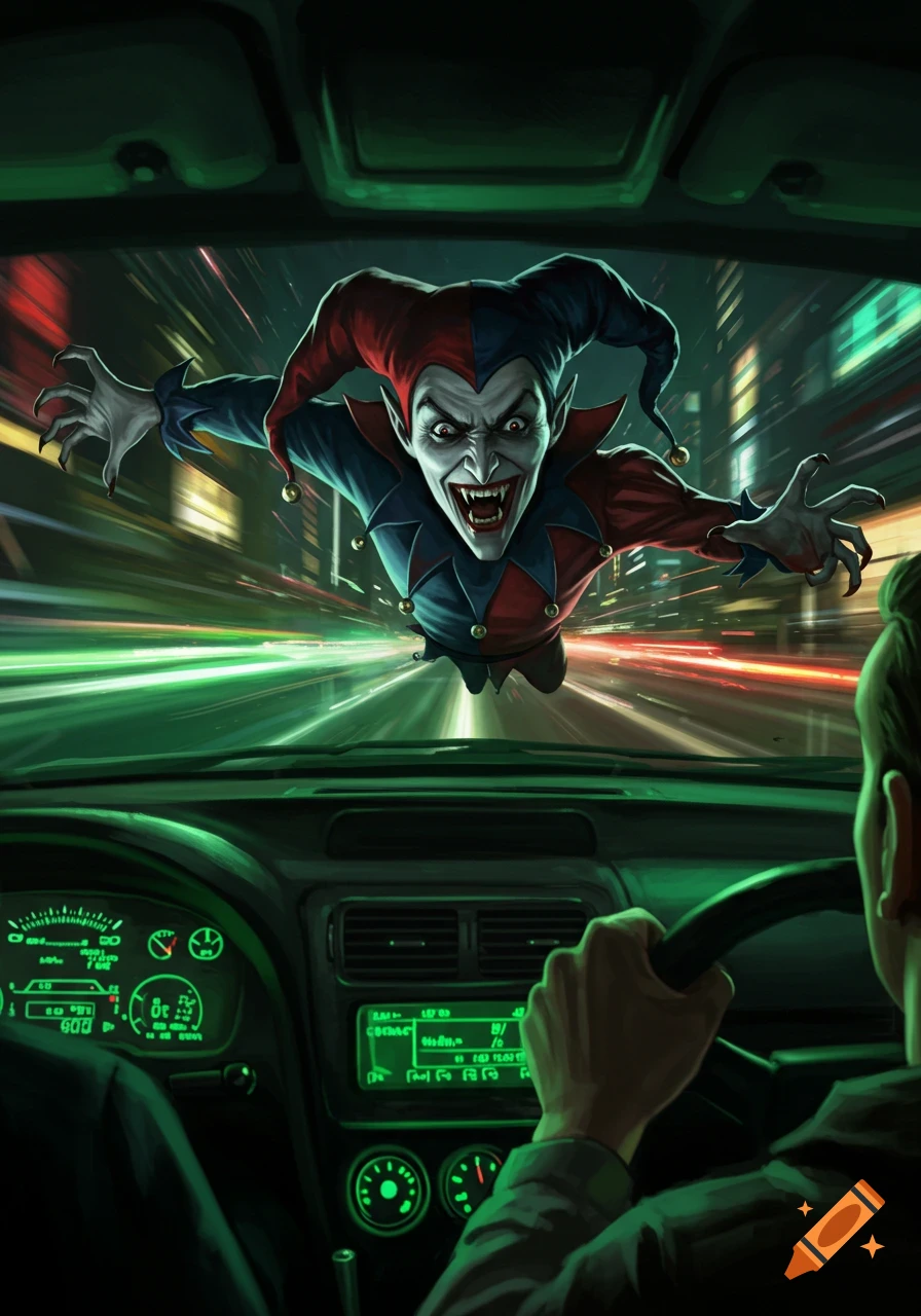 A terrifying vampiric jester with sharp teeth and claws lunges towards a person driving a car at night, with motion blur indicating high speed.