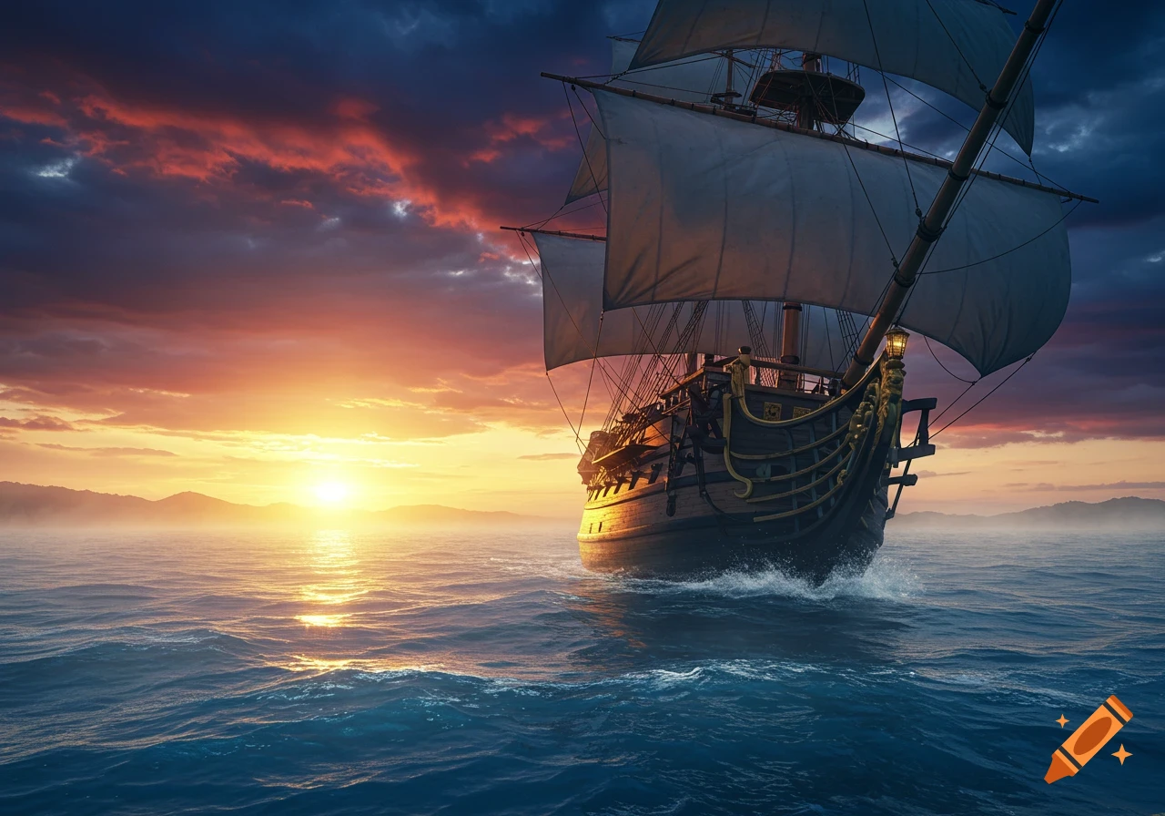 A large, majestic sailing ship with full sails cuts through waves on a vast ocean during a vibrant sunset, casting a warm glow on the water and ship.
