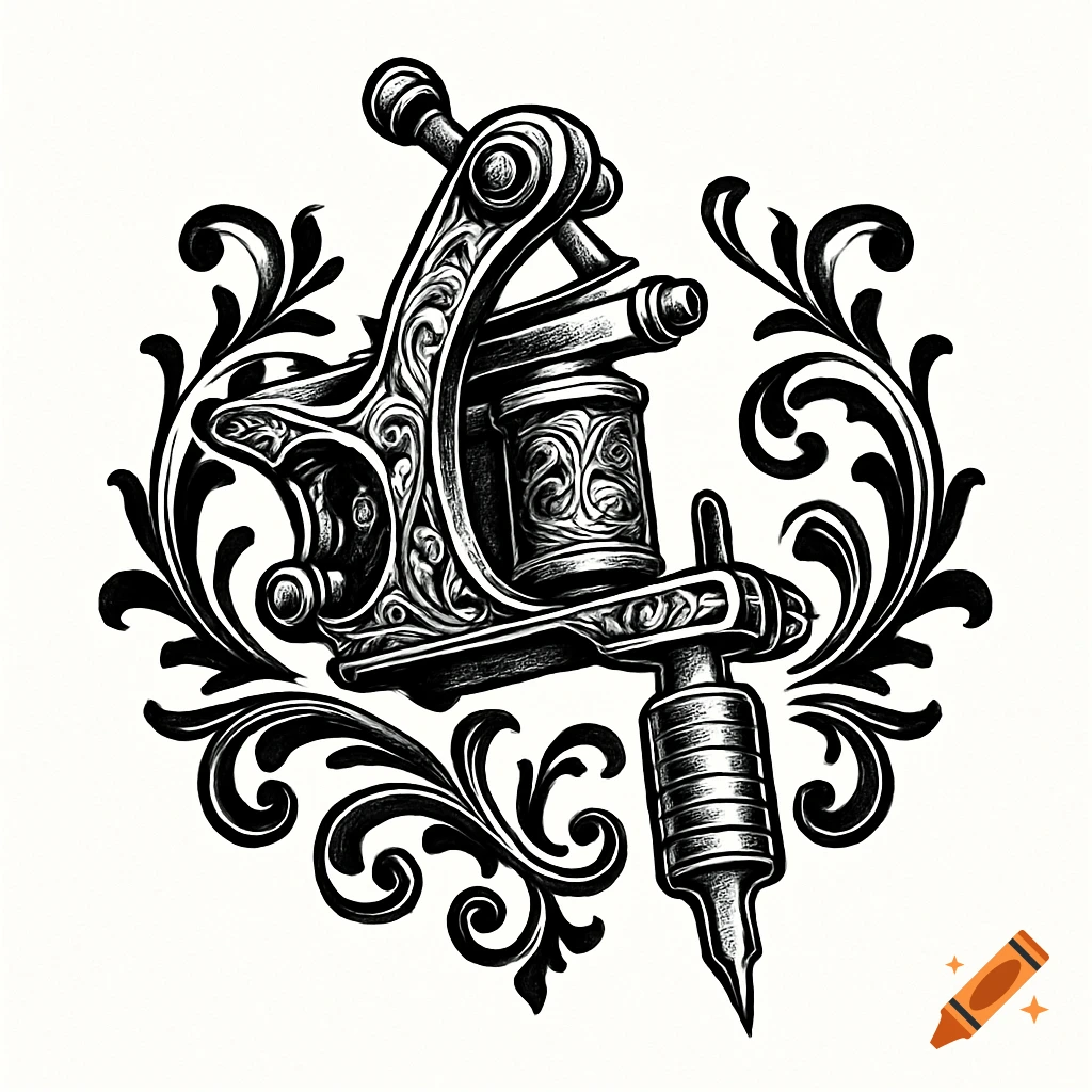 Black and white ornate illustration of a vintage tattoo machine with elegant scrollwork on a plain background.