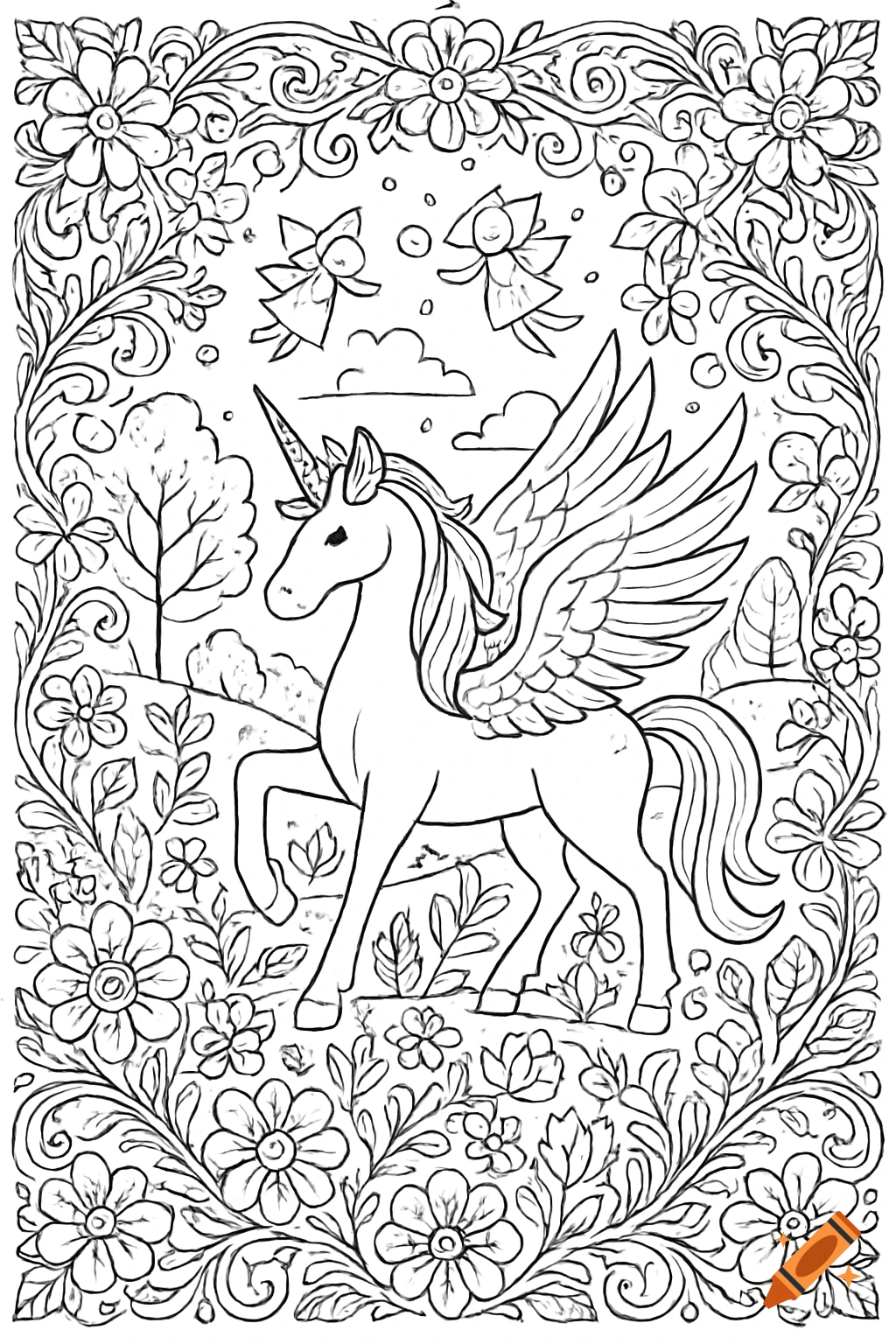 A black and white coloring page showing a winged unicorn in a floral landscape with fairies and a decorative border.
