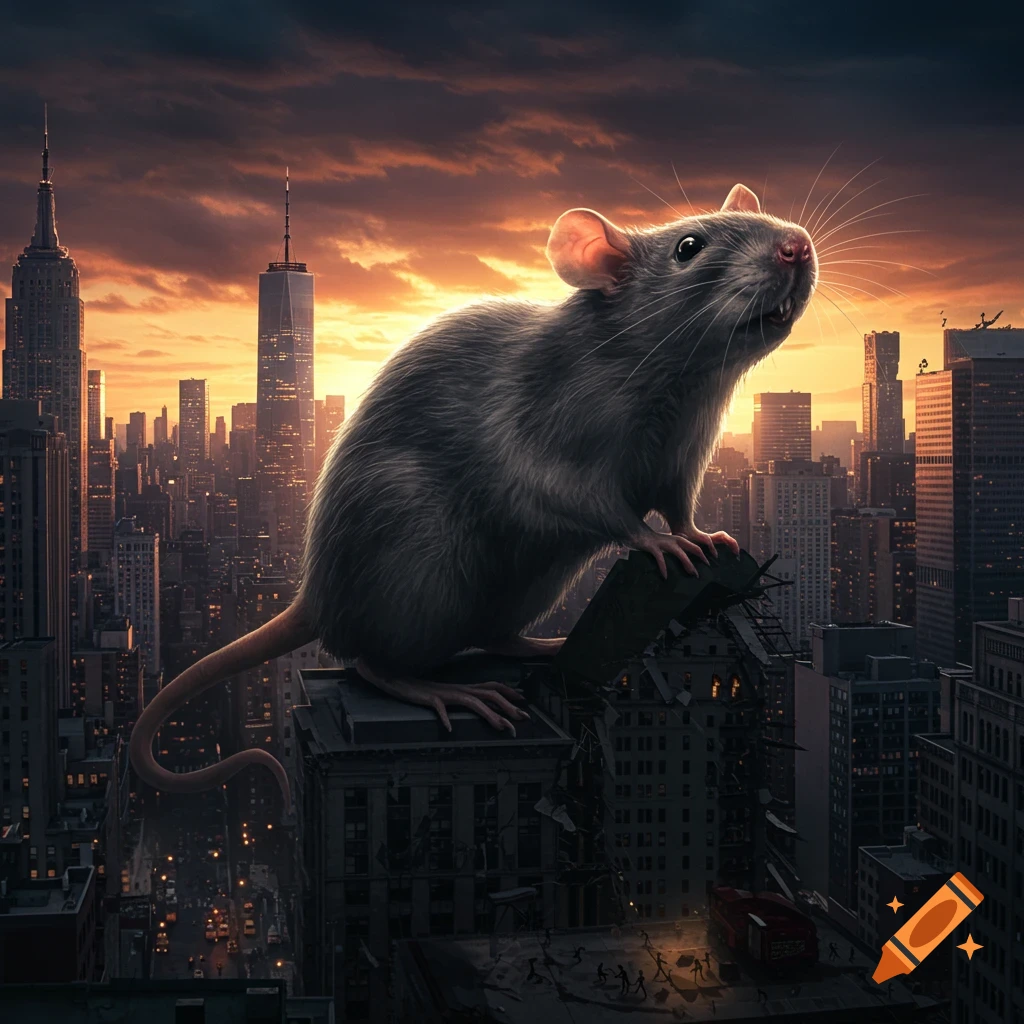 A gigantic rat stands on a destroyed skyscraper overlooking a city at sunset, with tiny figures fleeing below.