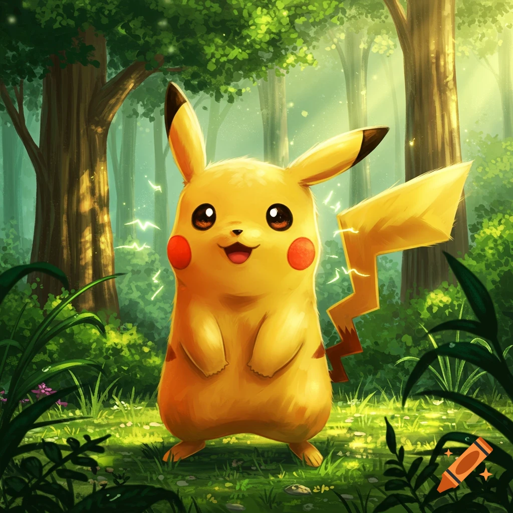 Pikachu stands smiling in a vibrant, sunlit forest, surrounded by green trees and foliage.