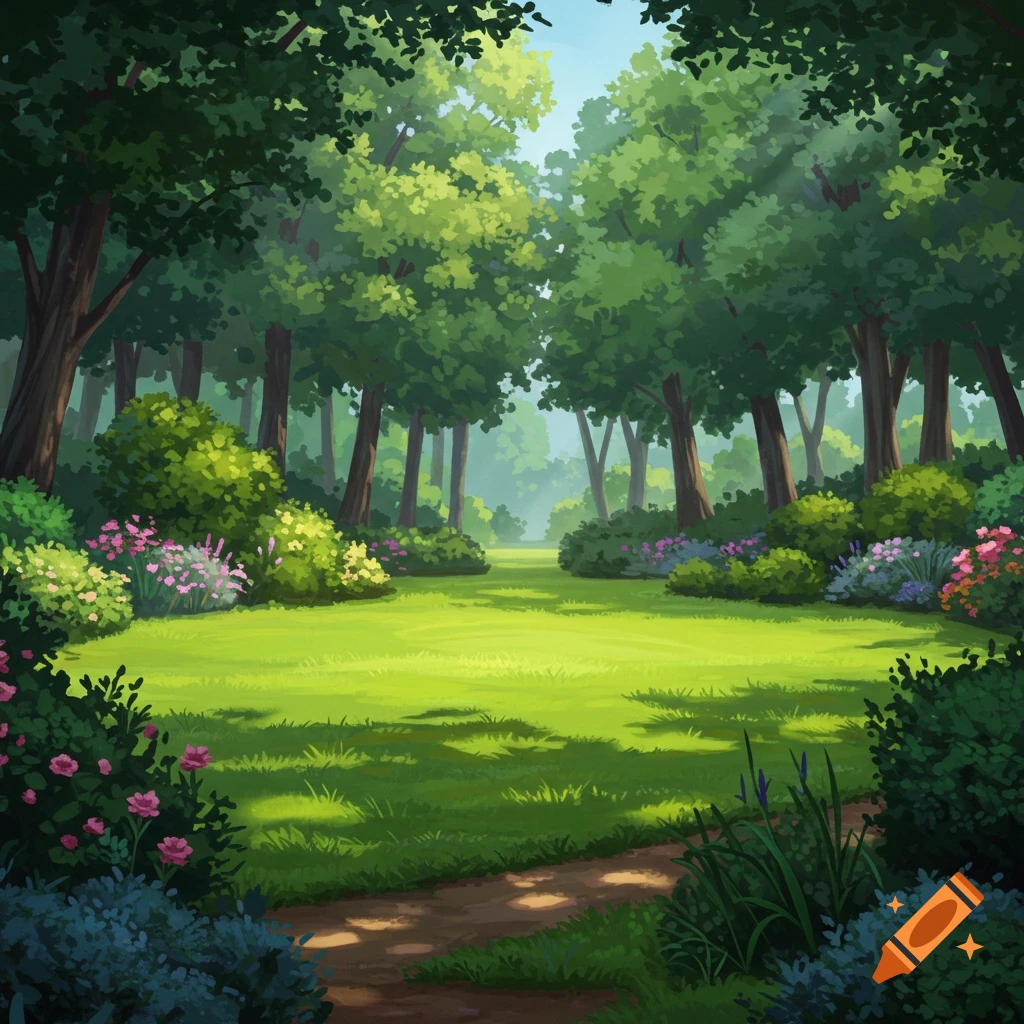 Vibrant illustration of a sunlit garden with a lush green lawn, tall trees, colorful flowers, and a winding path.