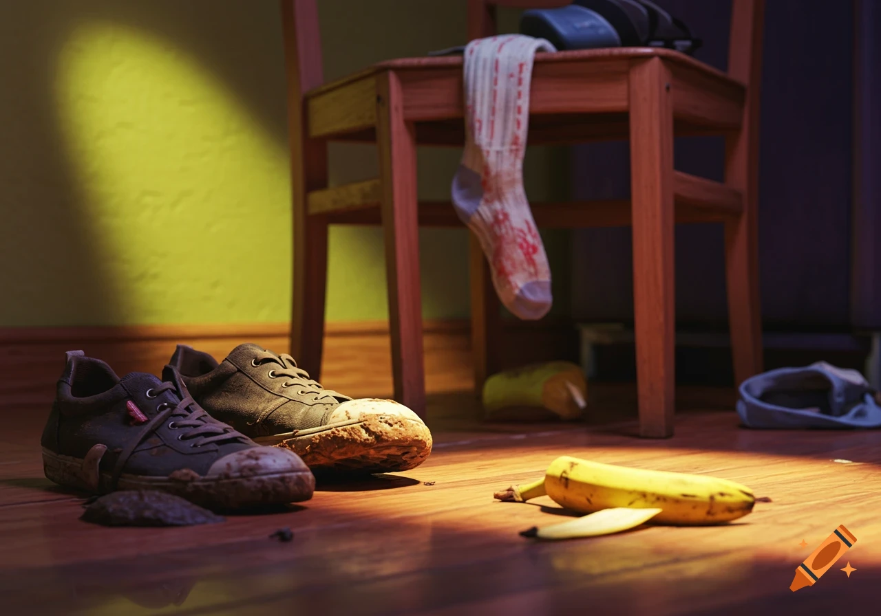 A close-up of dirty sneakers and a half-peeled banana on a wooden floor, with a blood-stained sock hanging from a chair in the background, under harsh lighting.