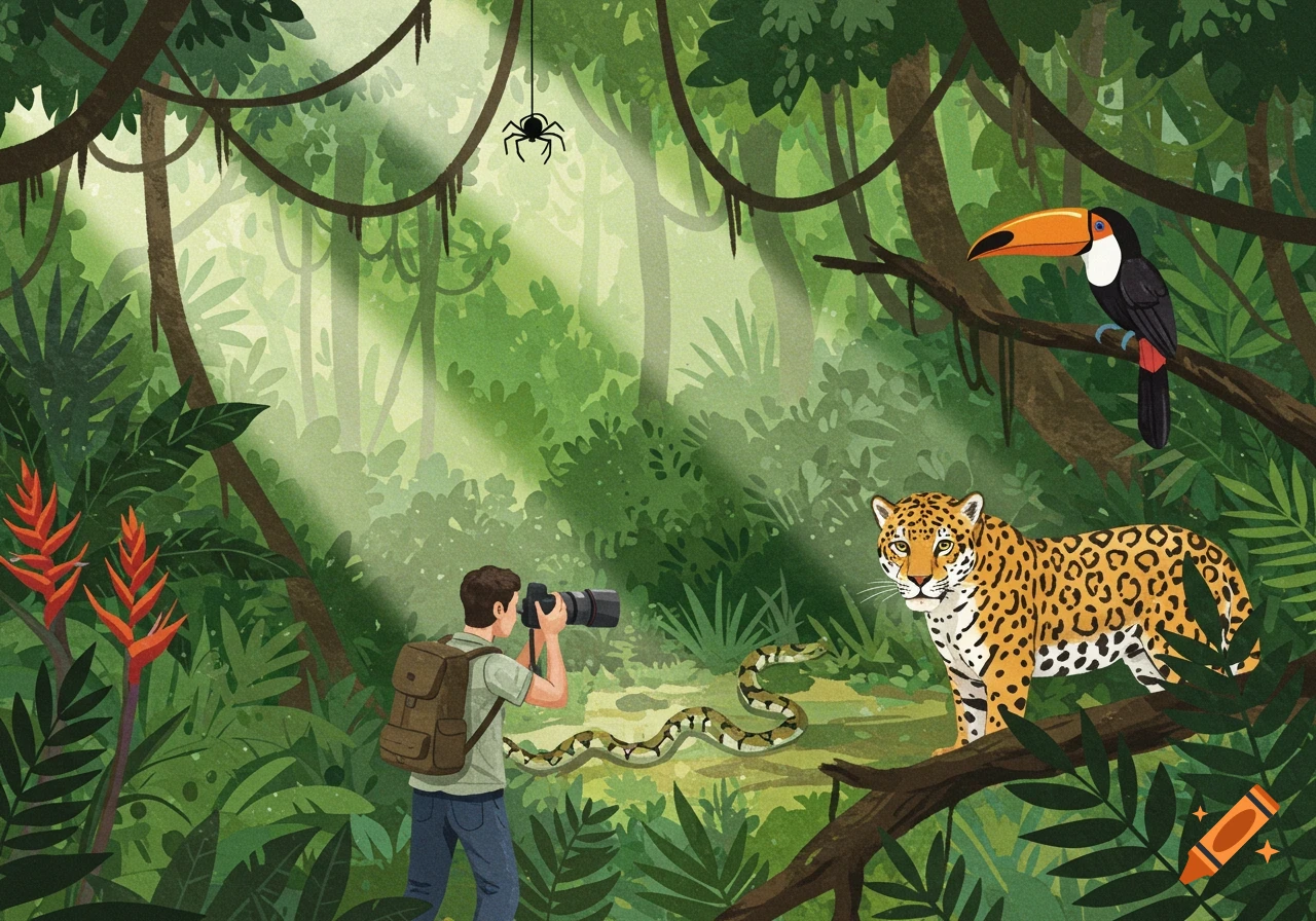 Watercolor of a photographer with a telephoto lens in the Amazon rainforest, capturing a jaguar, toucan, snake, and spider.