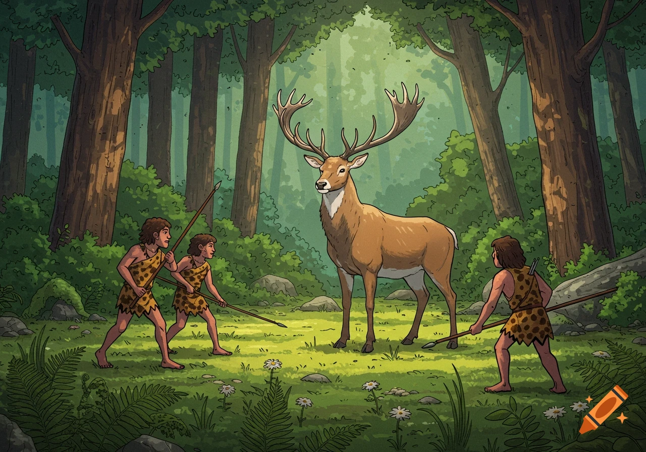Cartoon illustration of three prehistoric hunters with spears approaching a large deer in a lush green forest.