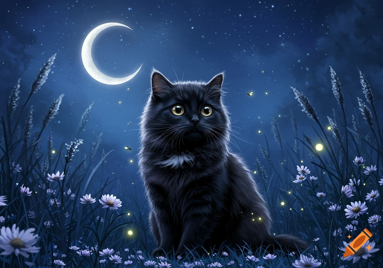 A black cat with golden eyes sits in a field of glowing fireflies and white flowers under a crescent moon and starry night sky, digital illustration.