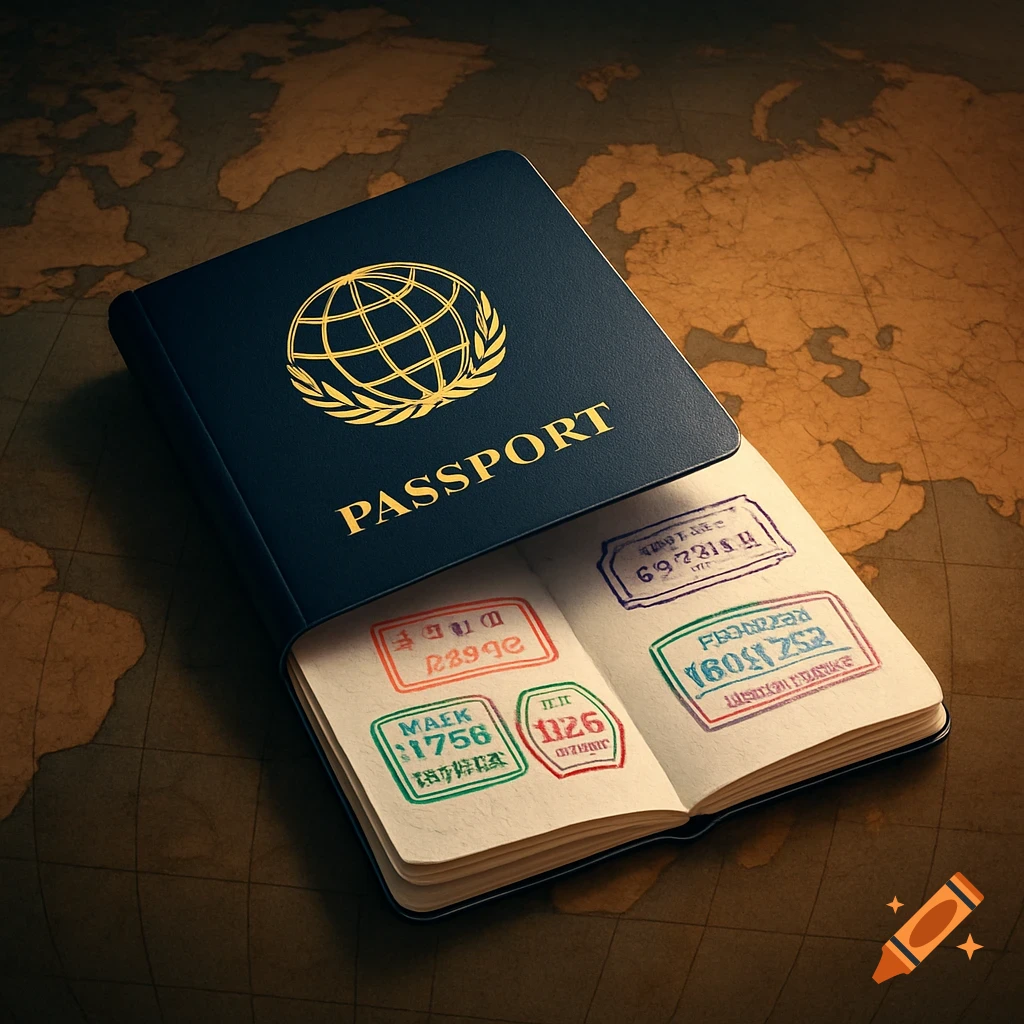 A dark blue passport with a golden globe and laurel wreath logo, and the word 'PASSPORT' in gold letters. It lies open on a vintage map, revealing pages filled with colorful, partially illegible travel stamps.