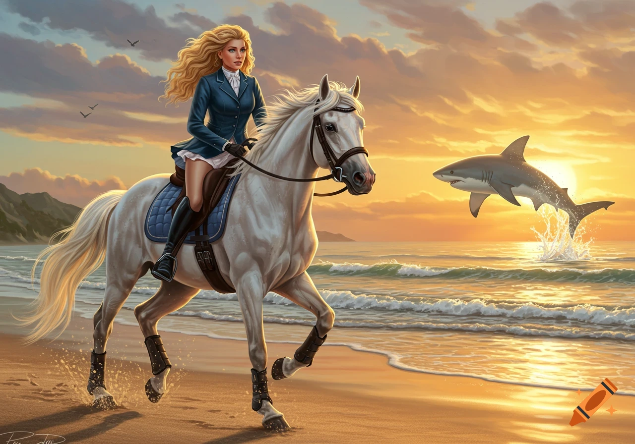 A blonde woman in blue riding attire on a white horse gallops on a beach at sunset, with a shark leaping from the ocean.