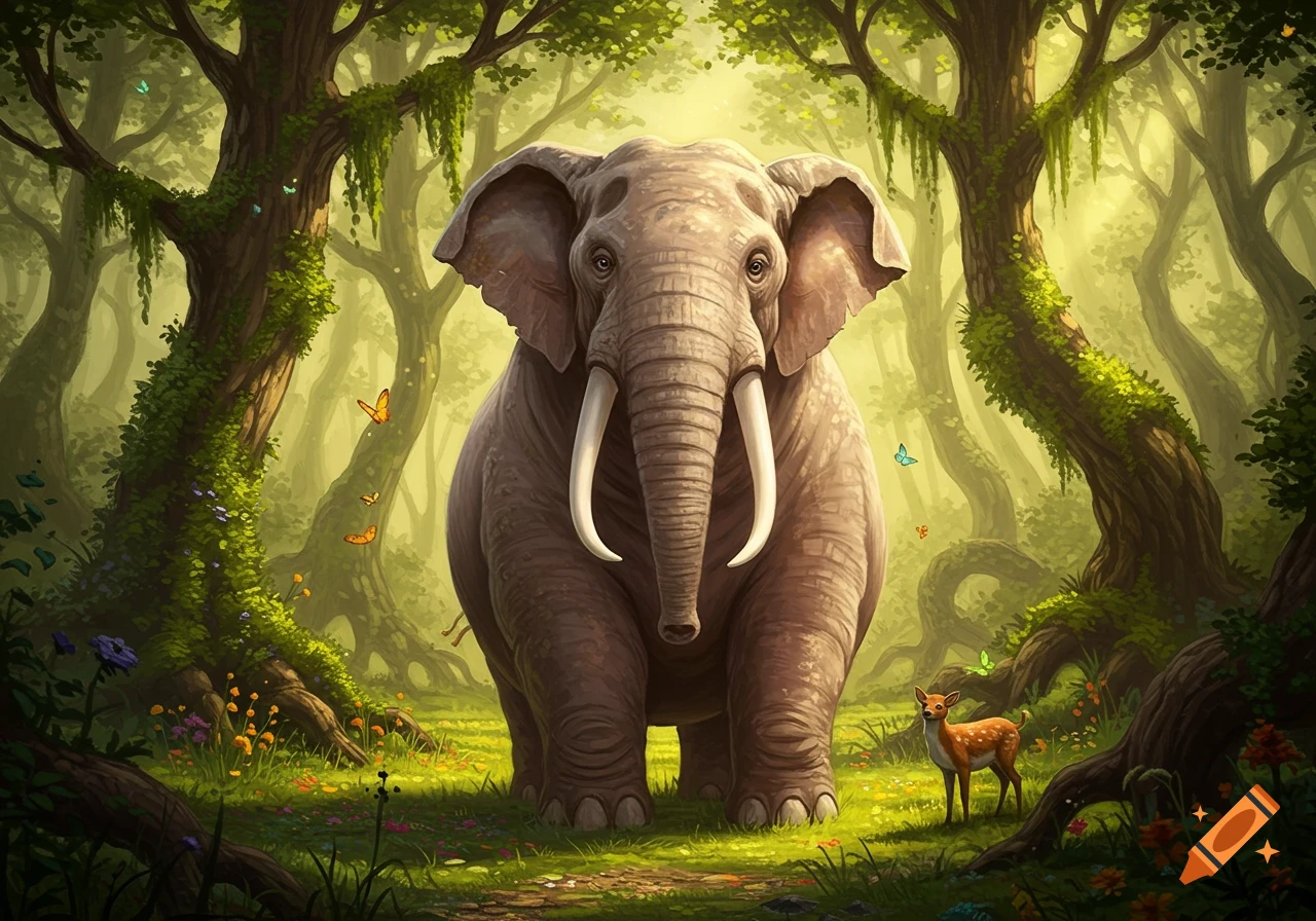 A large elephant stands front and center in a vibrant, lush jungle with butterflies and a small deer nearby.