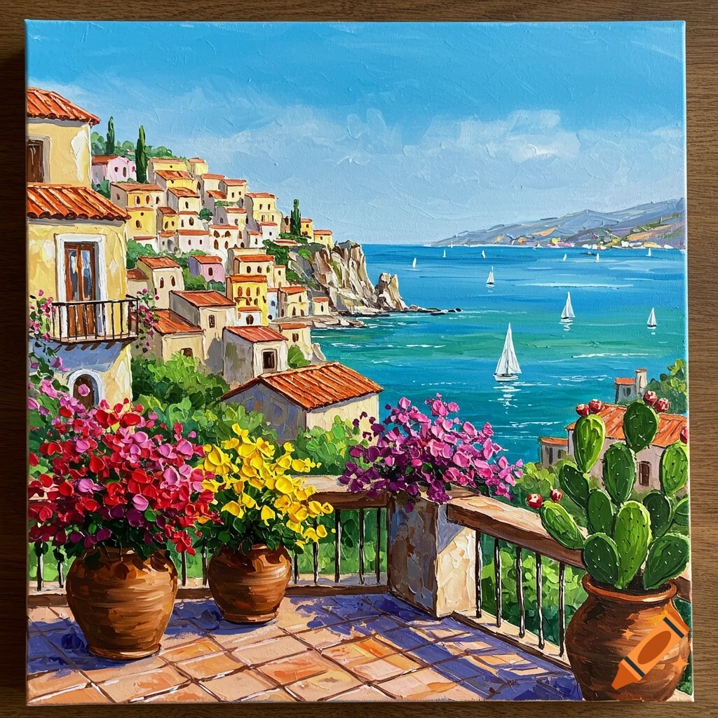 A vibrant oil painting of a Mediterranean coastal town with colorful houses, boats in the sea, and flower pots on a sunny terrace.