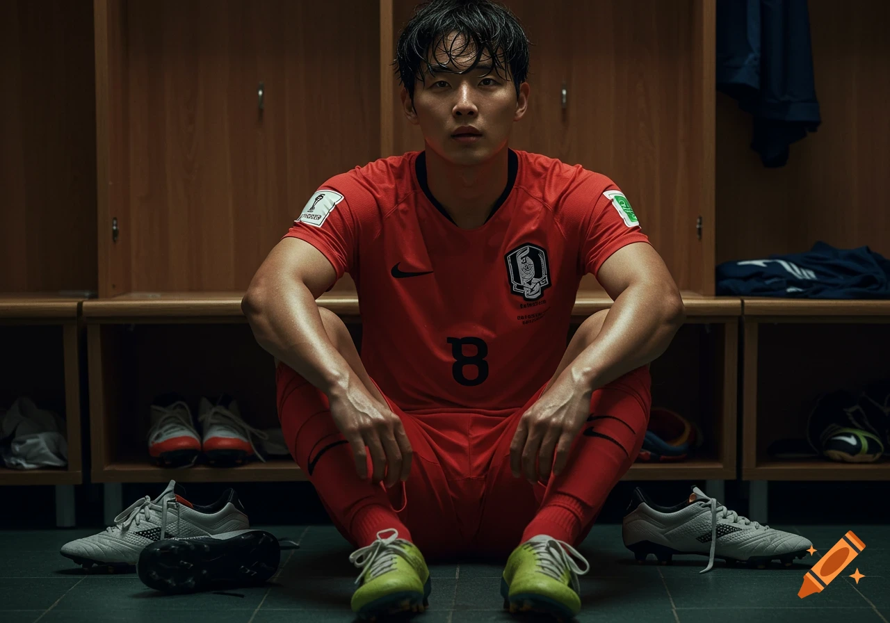 A Korean male soccer player sits on the locker room floor, wearing a red jersey, looking tired but content. Photorealistic.