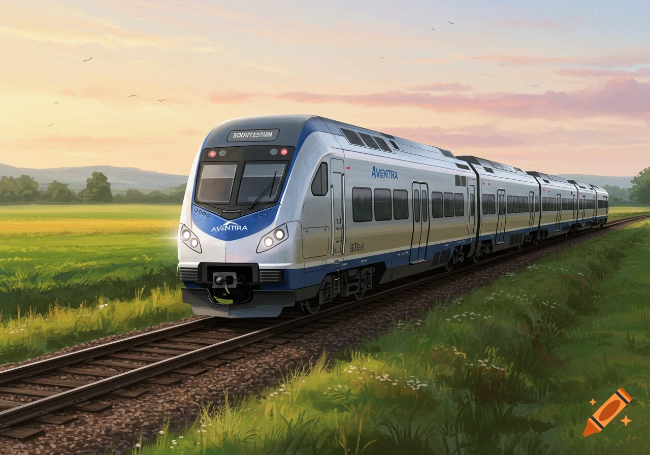 A modern blue and silver train travels on tracks through a green field under a colorful sunset sky, digital painting.
