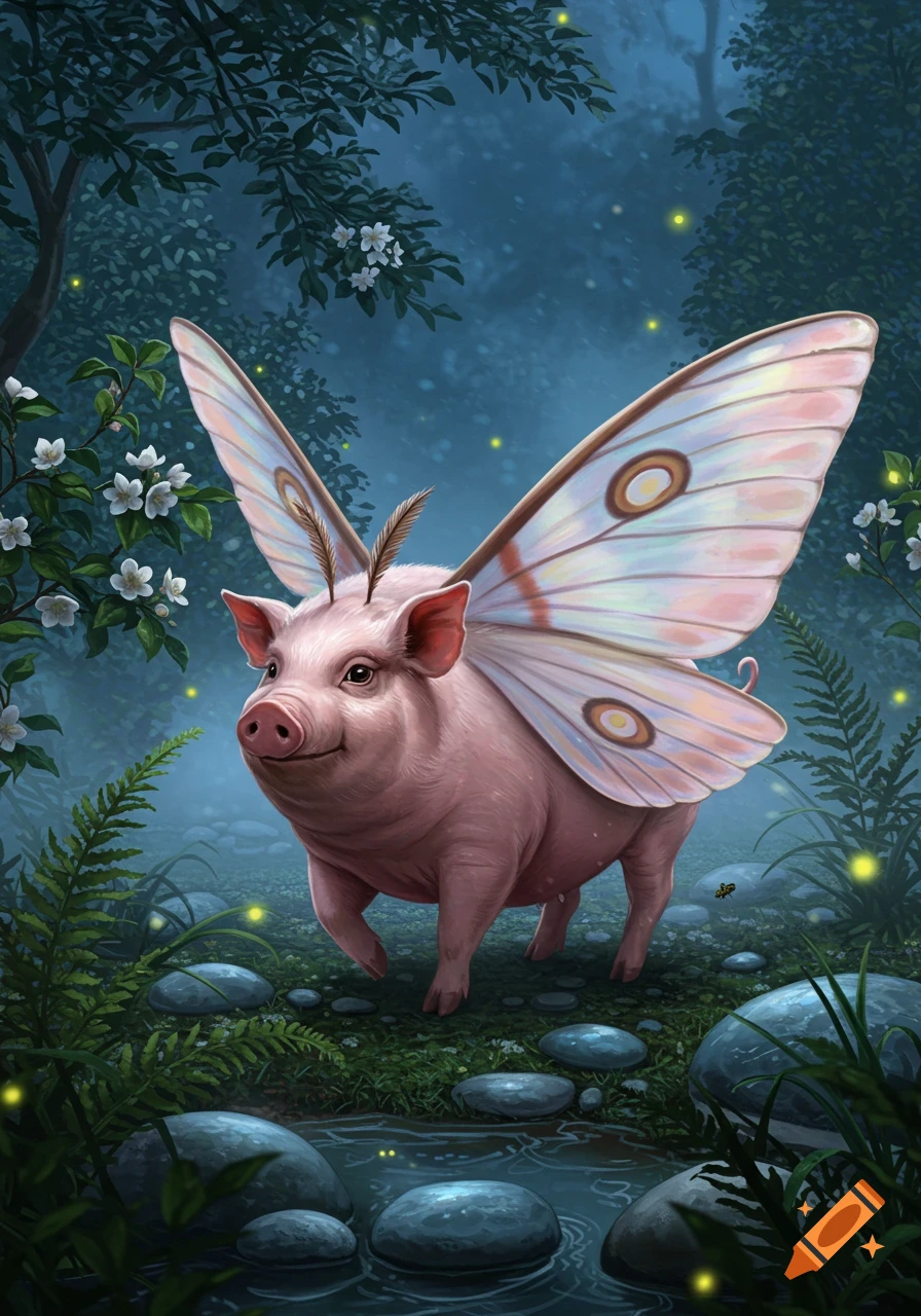 A pink pig with large, pale moth wings stands in a mystical forest with glowing fireflies and white flowers, digital art.