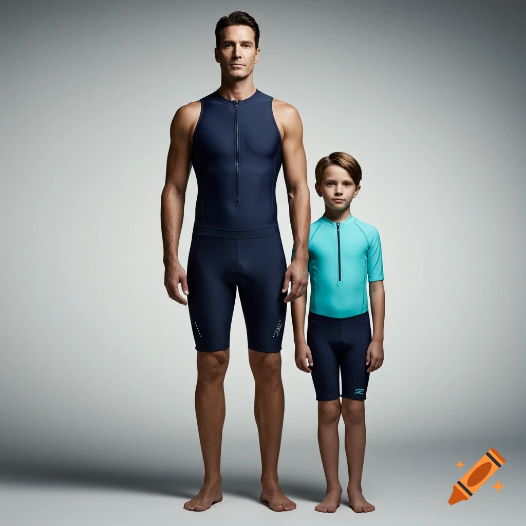A photorealistic studio portrait of a man in a navy swimsuit and a boy in a teal and navy swimsuit standing side-by-side.