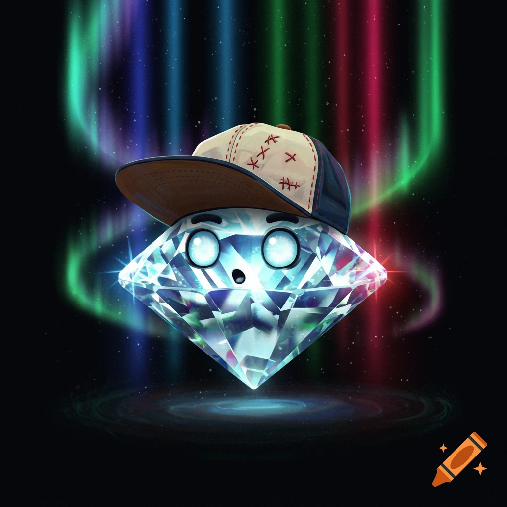 A surprised diamond character with big blue eyes wears a baseball hat, floating in space with colorful aurora lights and stars in the background.