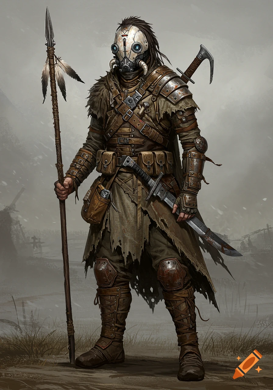 A detailed concept art full portrait of a post-apocalyptic soldier in makeshift armor and a gas mask helmet, holding a feathered spear and a knife.