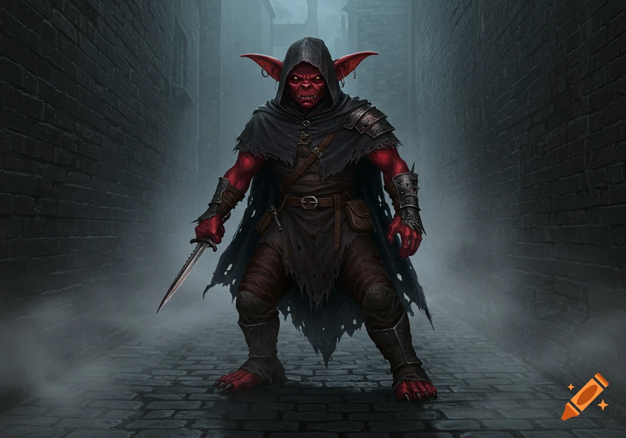 A red hobgoblin in a dark hooded cloak holds a dagger in a misty, narrow alley.